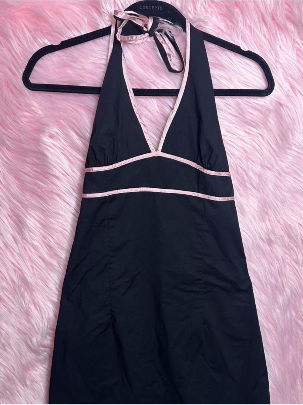 Black Halter Mini Dress with Pink Trim